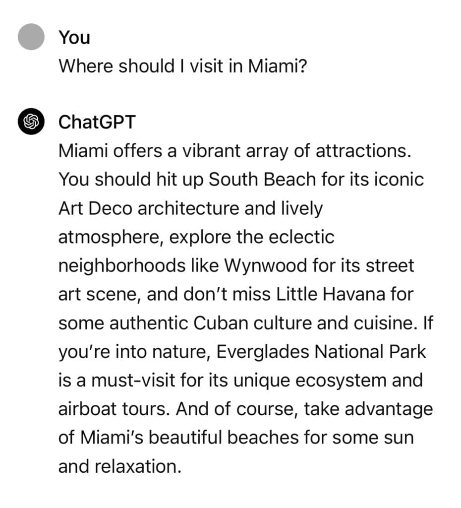 ChatGPT chat screen about visiting Miami