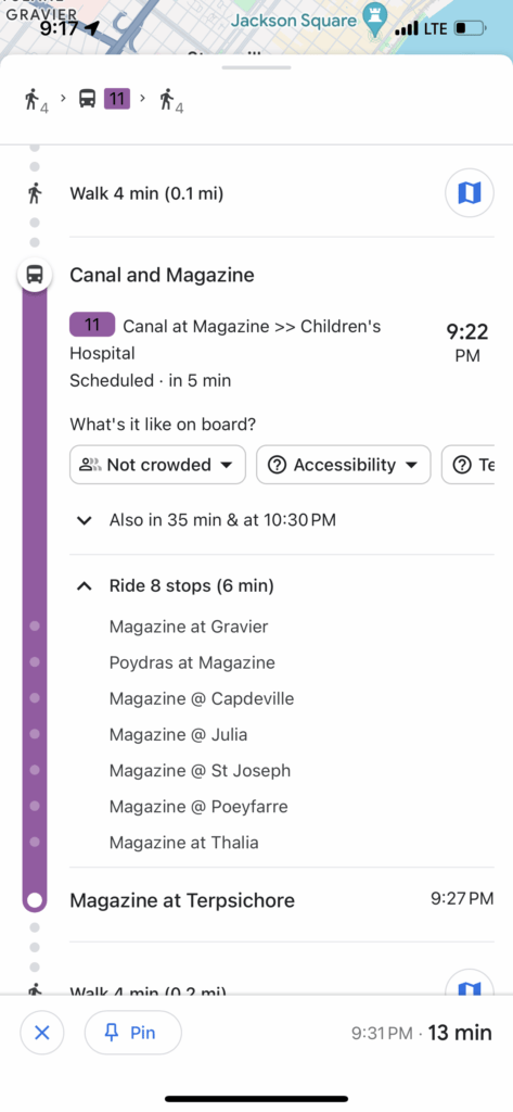 Google Maps showing the bus schedule and walking route.