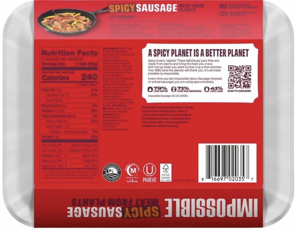 Impossible Spicy Sausage back package.