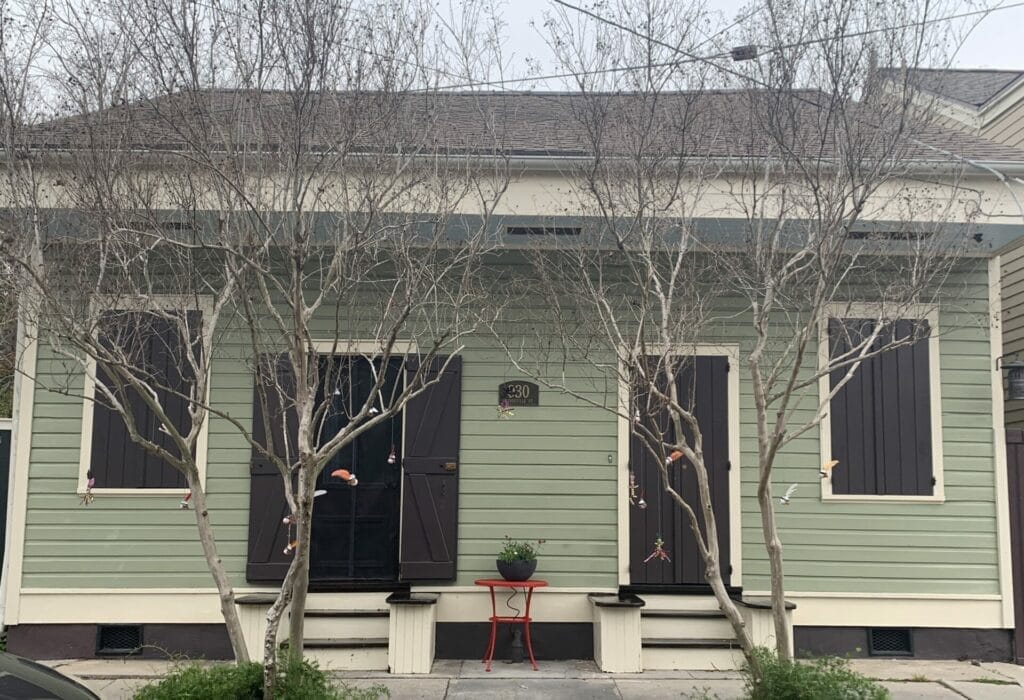 Vibrant and colorful homes lining the streets of New Orleans, showcasing a kaleidoscope of hues and tones. green with dark shutters is also fun.