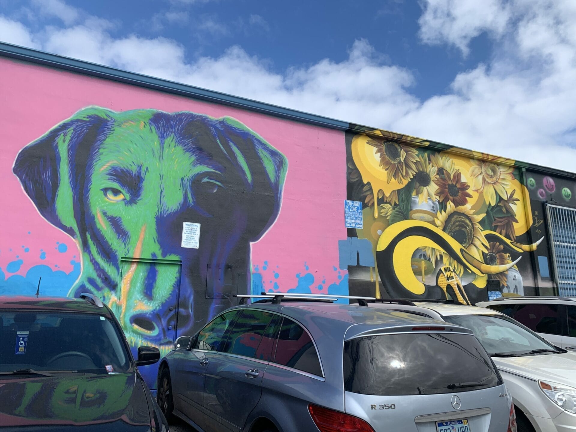 Vibrant street mural in Wynwood, Florida, showcasing colorful artwork on urban walls. We love dogs!