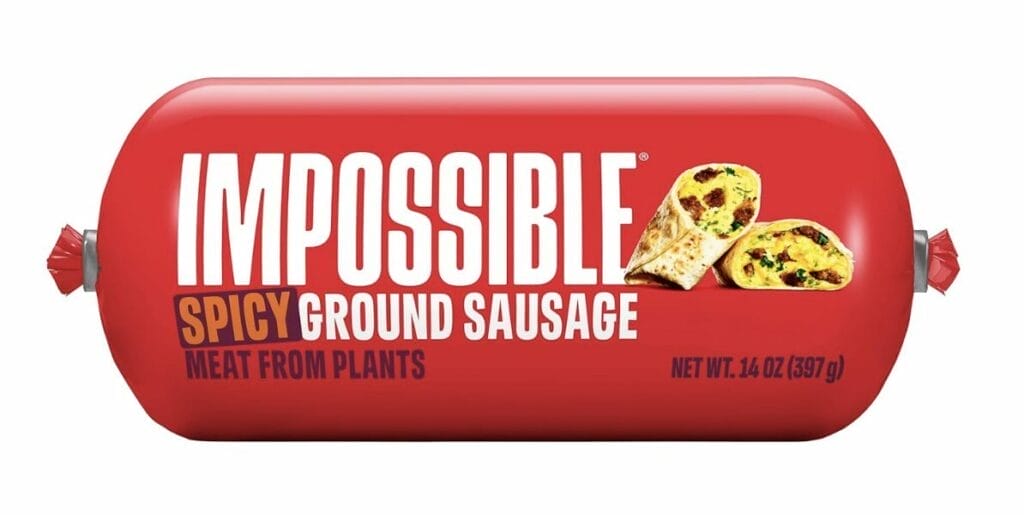 Impossible Spicy Ground Sausage in a red plastic red wrapping ready for all your plant-based cooking.