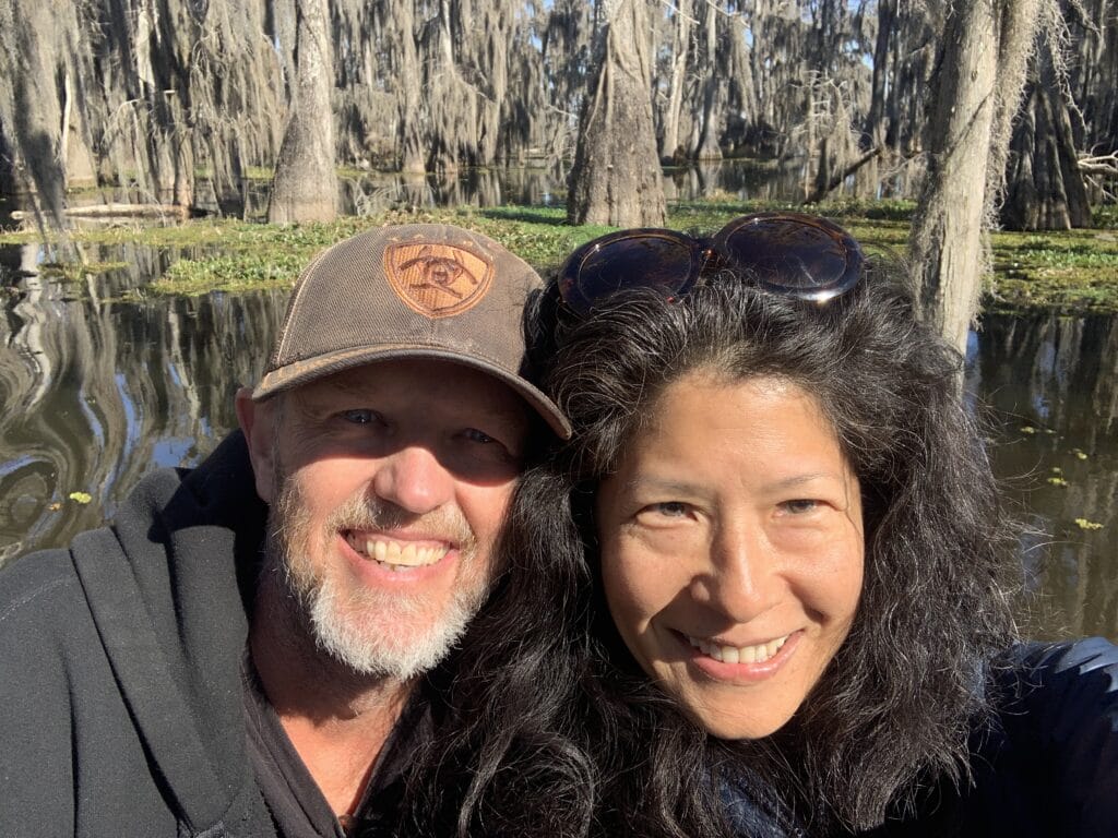 Theron and Lillian selfie during the swamp tour, learning of 12 fascinating facts about Louisiana swamp.