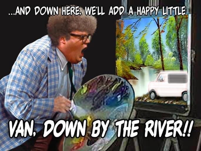 Our van, "down by the river", painting by Chris Farley