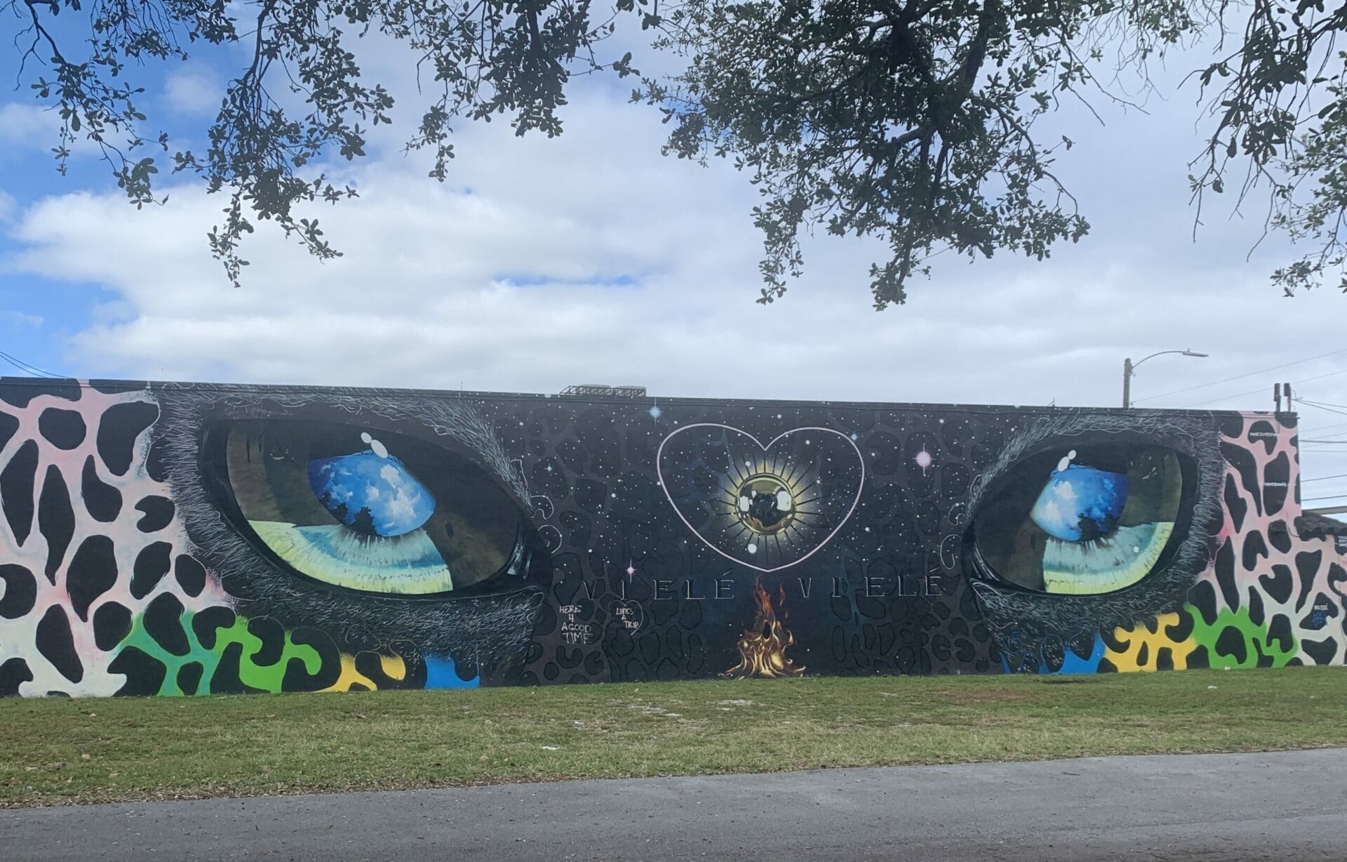 Vibrant street mural in Wynwood, Florida, showcasing colorful artwork on urban walls. Look at those eyes!