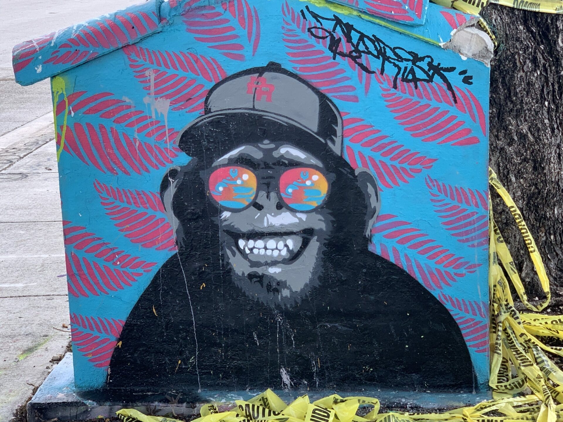 Vibrant street mural in Wynwood, Florida, showcasing colorful artwork on urban walls. Even little electric box cannot be missed.