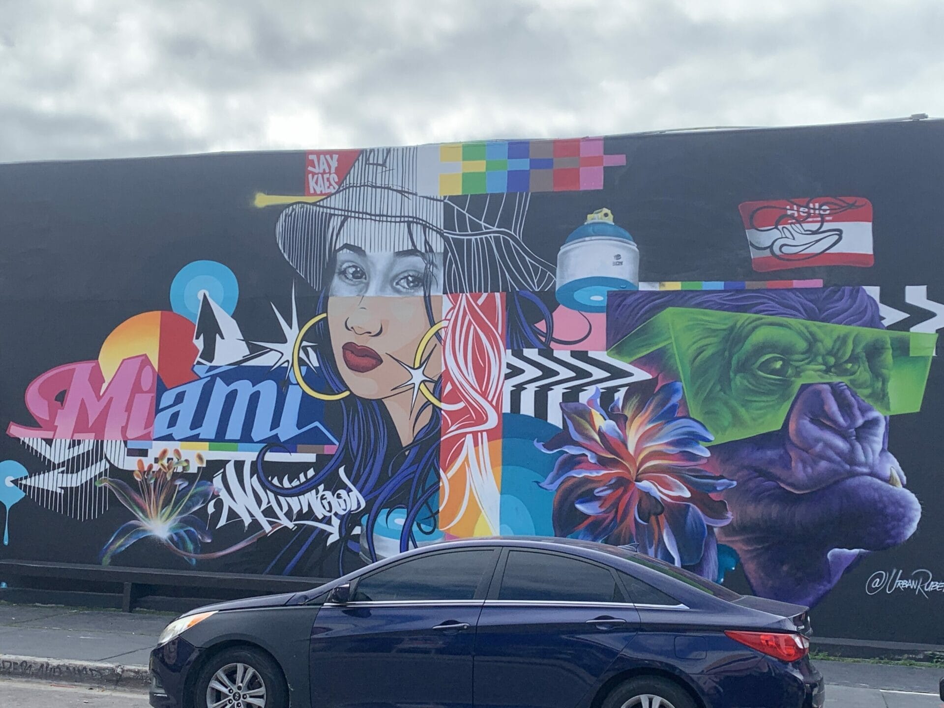 Vibrant street mural in Wynwood, Florida, showcasing colorful artwork on urban walls. Colors!