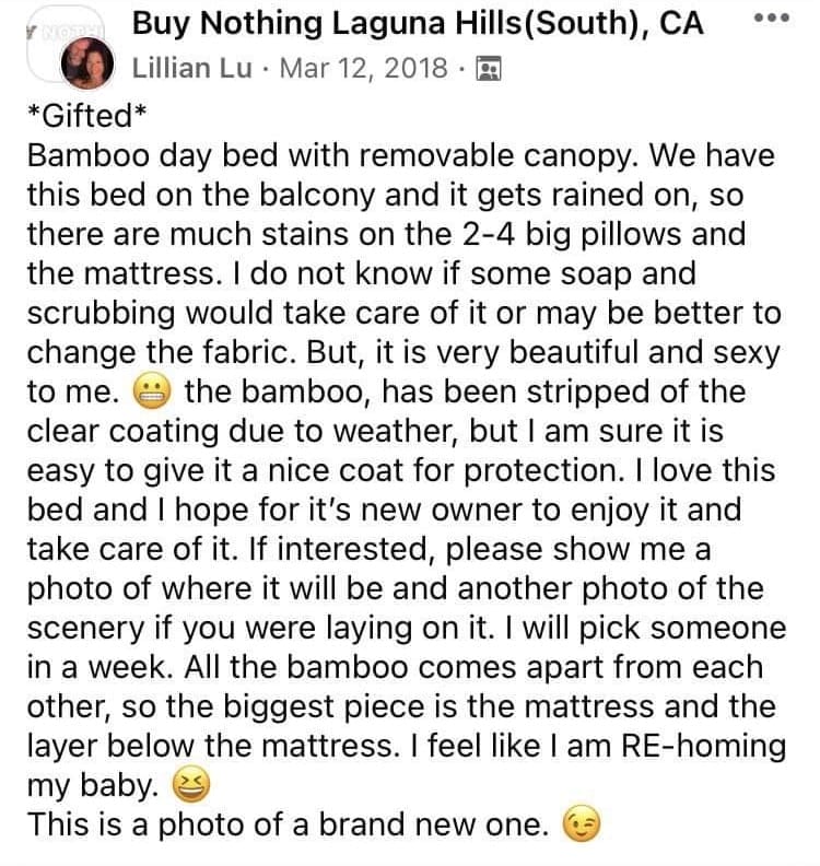 Facebook post showing a gifting post on Buy Nothing group describing the gift, a daybed.