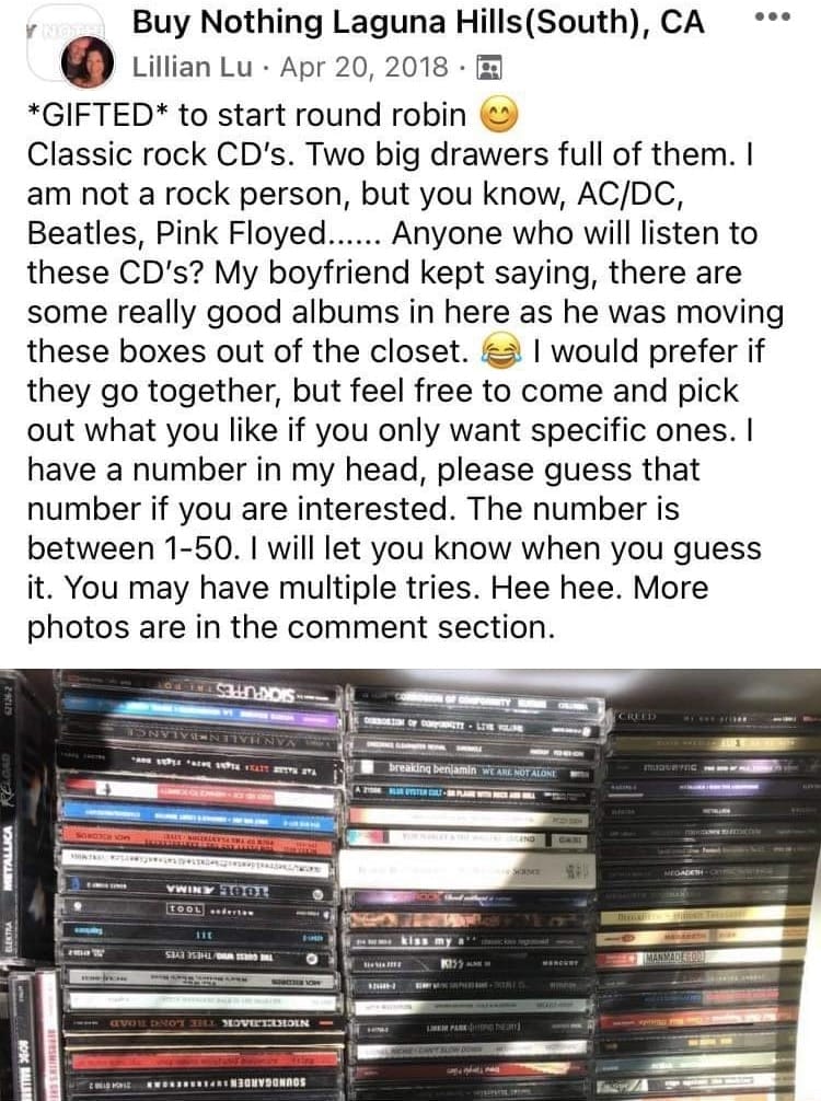 Facebook post showing write up to gift a big box of music CD's offered by my husband.