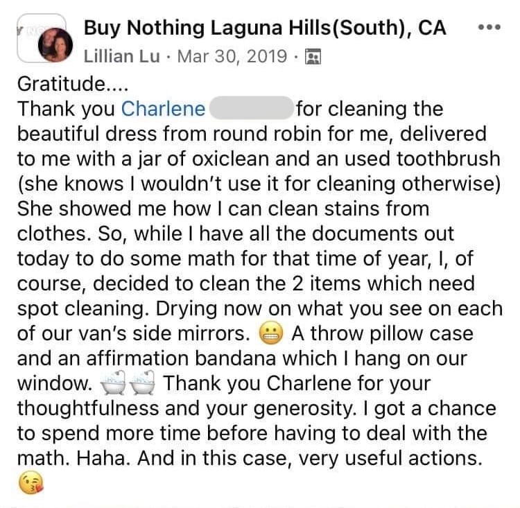 Facebook post of a gratitude post for a neighbor gifting their time, talent and cleaning tools.
