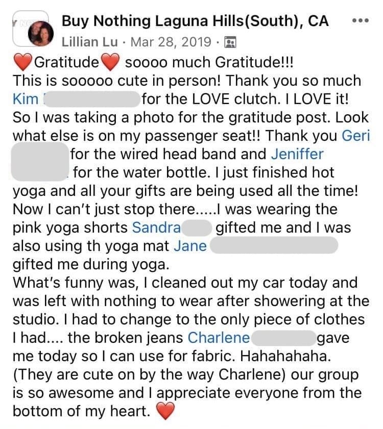 Facebook post on Buy Nothing group showing my gratitude to some items I've received from neighbors.