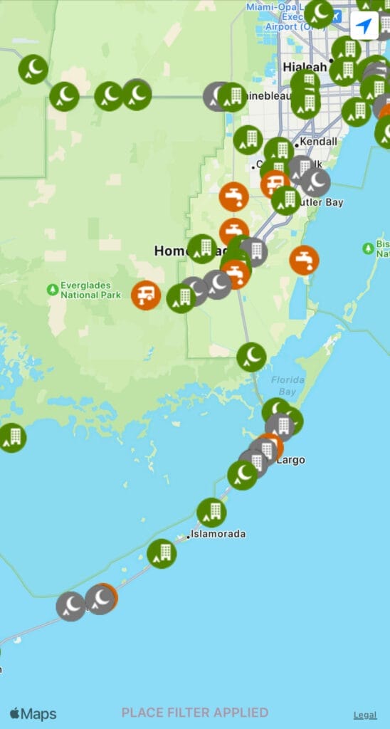 iOverlander map view of pins for places searched for.