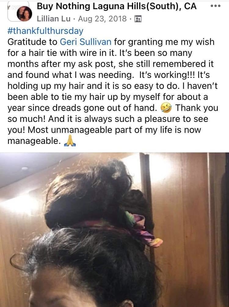 Facebook post showing a gratitude post of receiving a headband which I requested