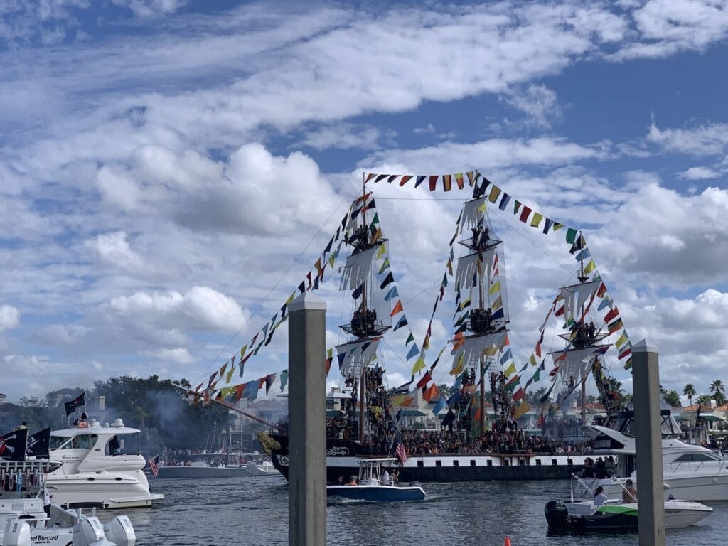 Pirate ship taking over Tampa for Gasparilla Festival.