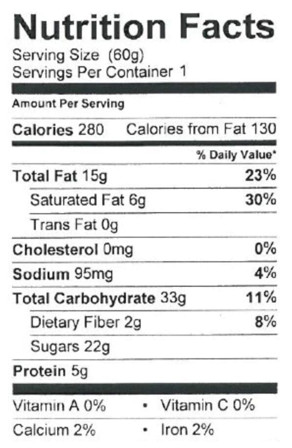 Nutritional fact of Snickers candy bar.