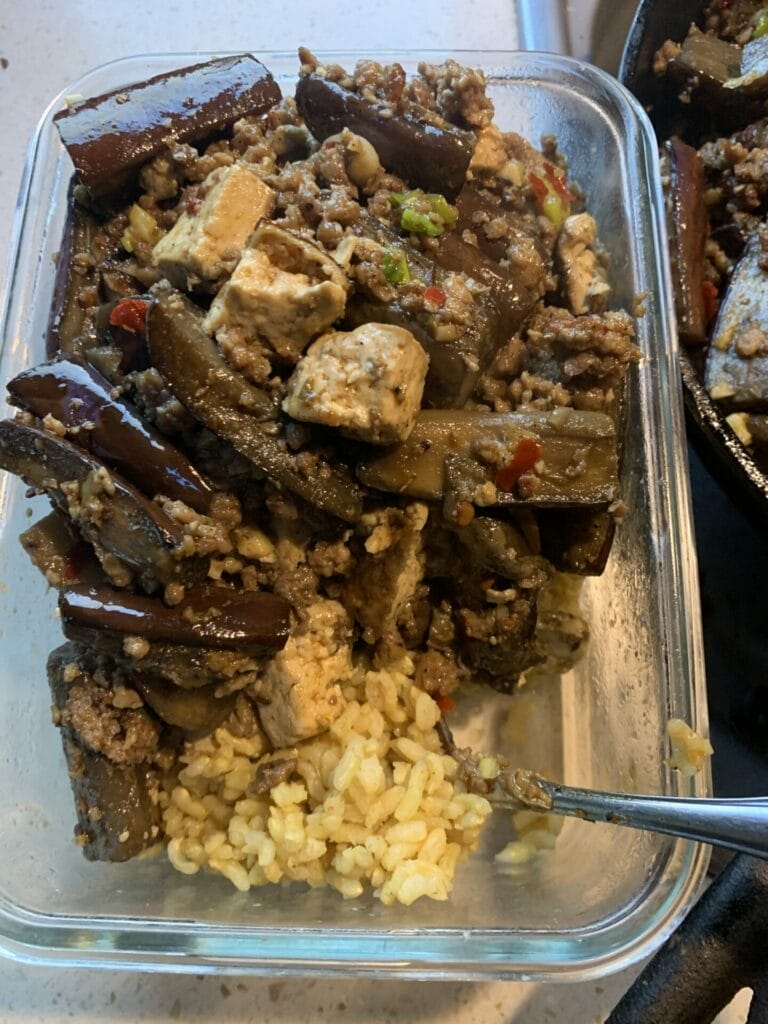 Chinese eggplant, tofu and mince served over rice.