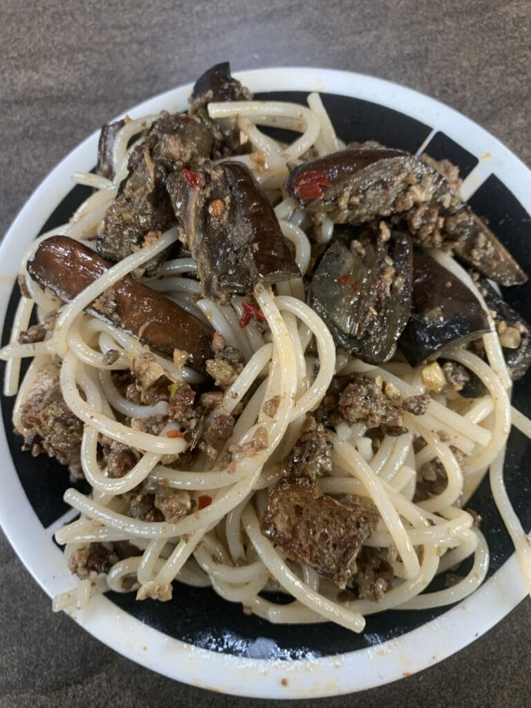 Chinese eggplant, tofu and mince served with rice noodle.