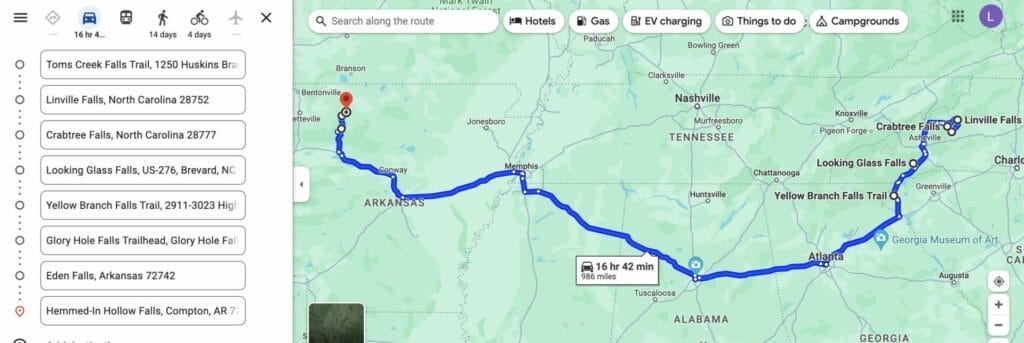 map of 8 waterfalls visited with our chasing waterfall through 3 states.