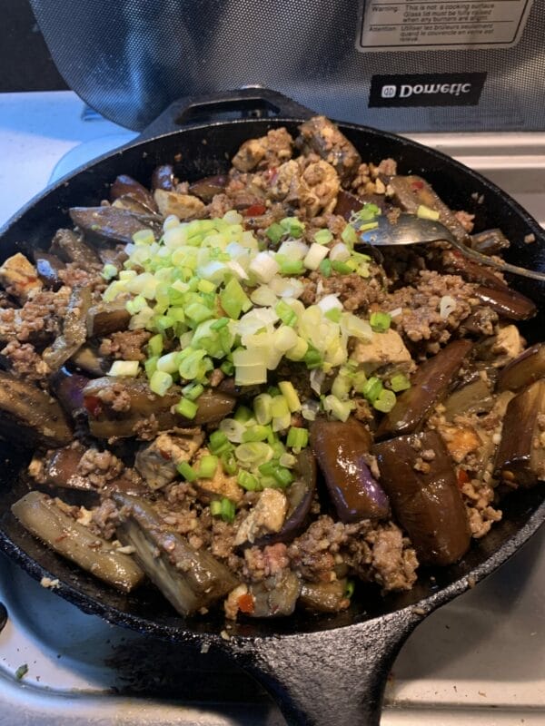 Chinese eggplant and tofu braised with plant-based mince.