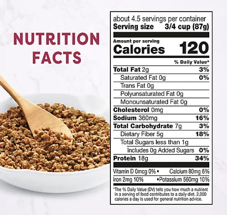 Nutrition facts for Gardein's Ground Be'f product - Plant-Based ground.