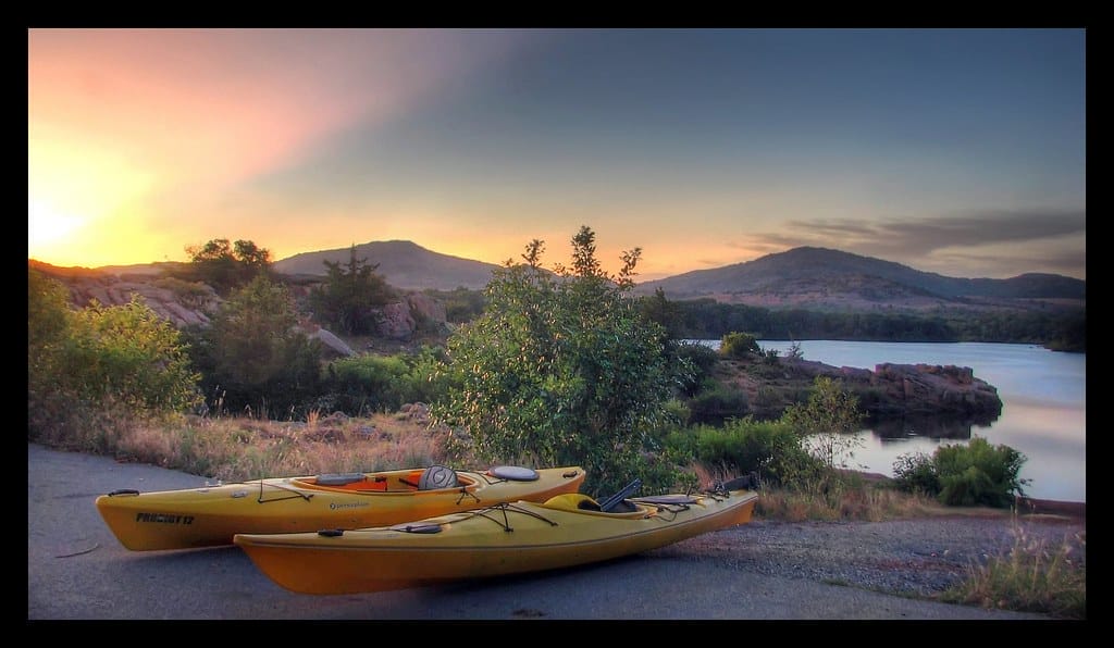 Kayaking on Quanah Parker Lake of Wichita Mountains Wildlife. Refuge. 