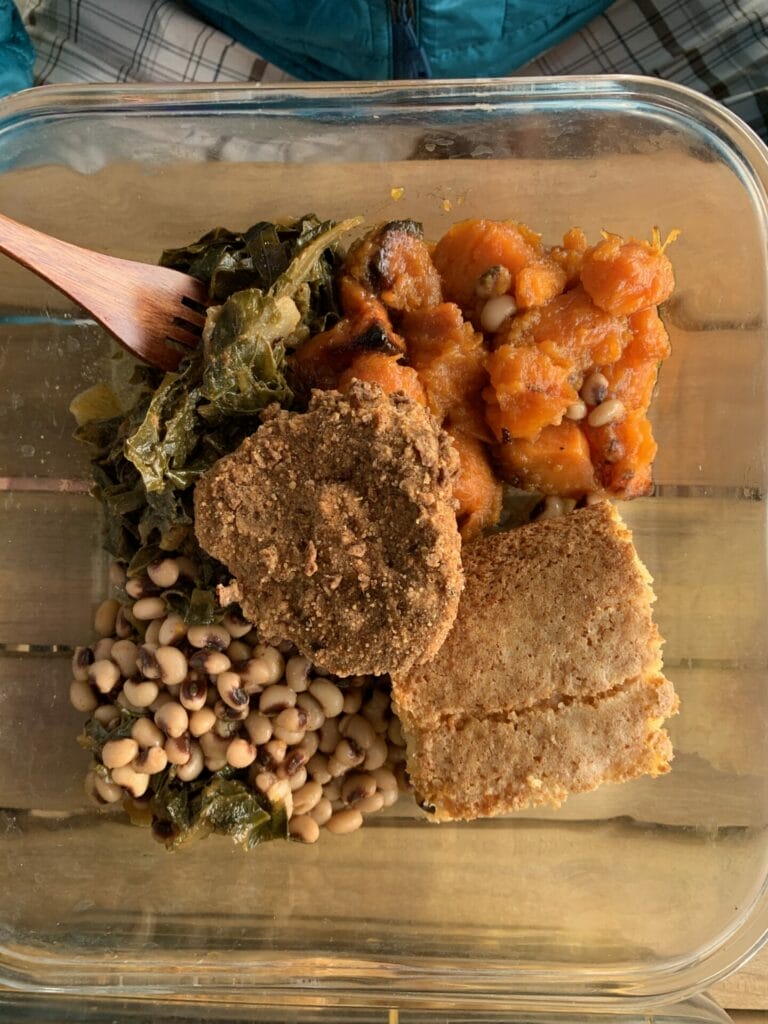 Chicken platter at Betty's in Oklahoma City. Vegan soul food inspired restaurant.