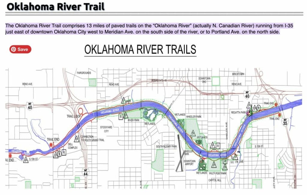 Oklahoma River Trail map for visiting the river walk- one of the Best of Oklahoma city to visit.