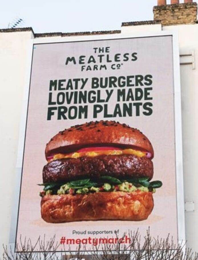 The Meatless Farm Co's advert of a delicious looking plant-based burger.