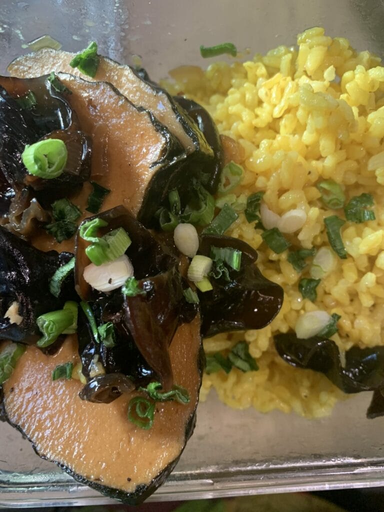 Vegan Vietnamese braised fish with turmeric rice.