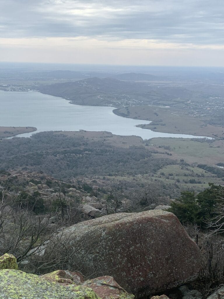 Lake view from top of Mount Scott in Wichita Mountains Wildlife Refuge.