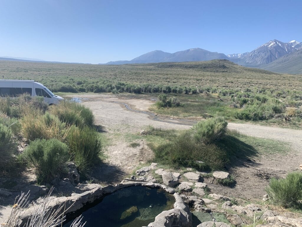 Boondocking legally right next to Rock Tub Hot Springs in Mammoth Lakes.