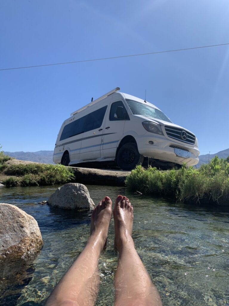 Vanlifer enjoying free Keough Hot Springs in the Eastern Sierra as Lillian Lu waits to meet up with Ultraligh on his PCT journey.