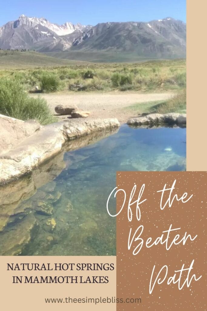 View from Rock Tub Hot Springs pool showing the pool, grass, hills, and Sierra mountains with snow.
