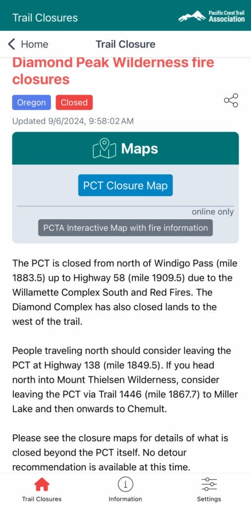 Screenshot of the details about a PCT closure listed on PCT Closure app with info and map.