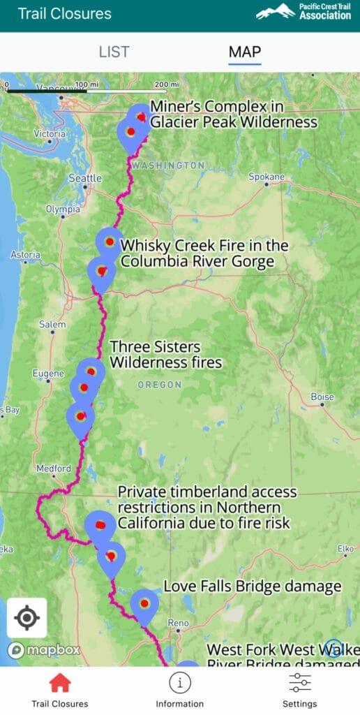 Screenshot of PCT Closure app of the map indicating where the trail is closed.