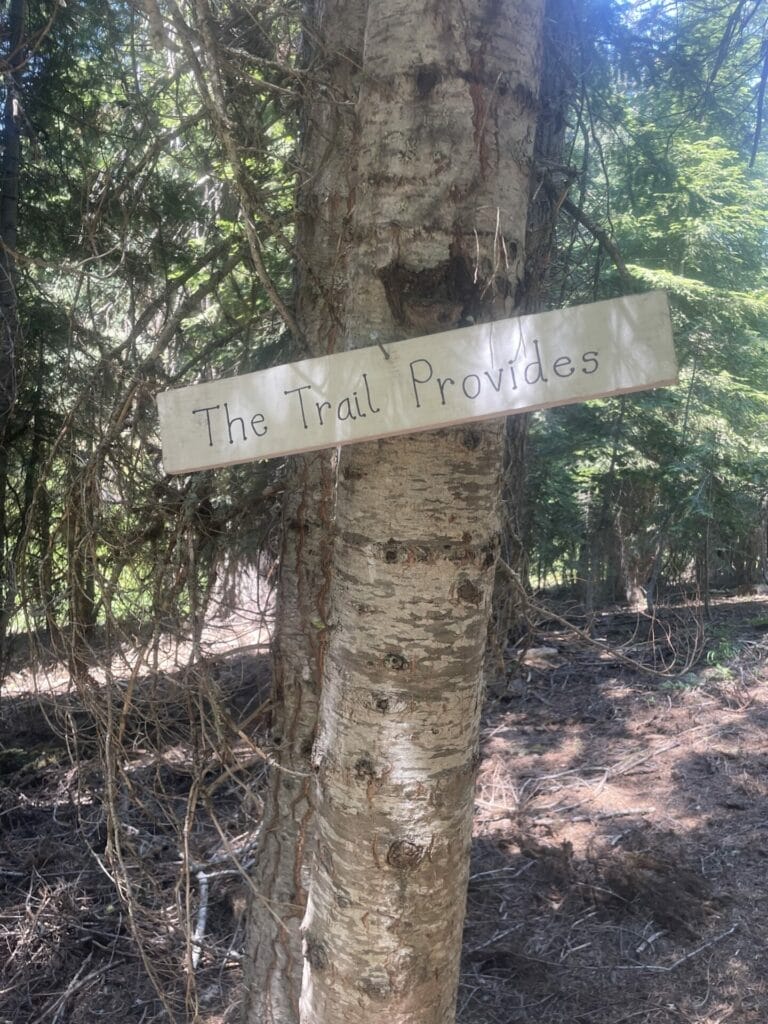 A wooden sign on the tree truck that reads "The Trail Provides" on the PCT.