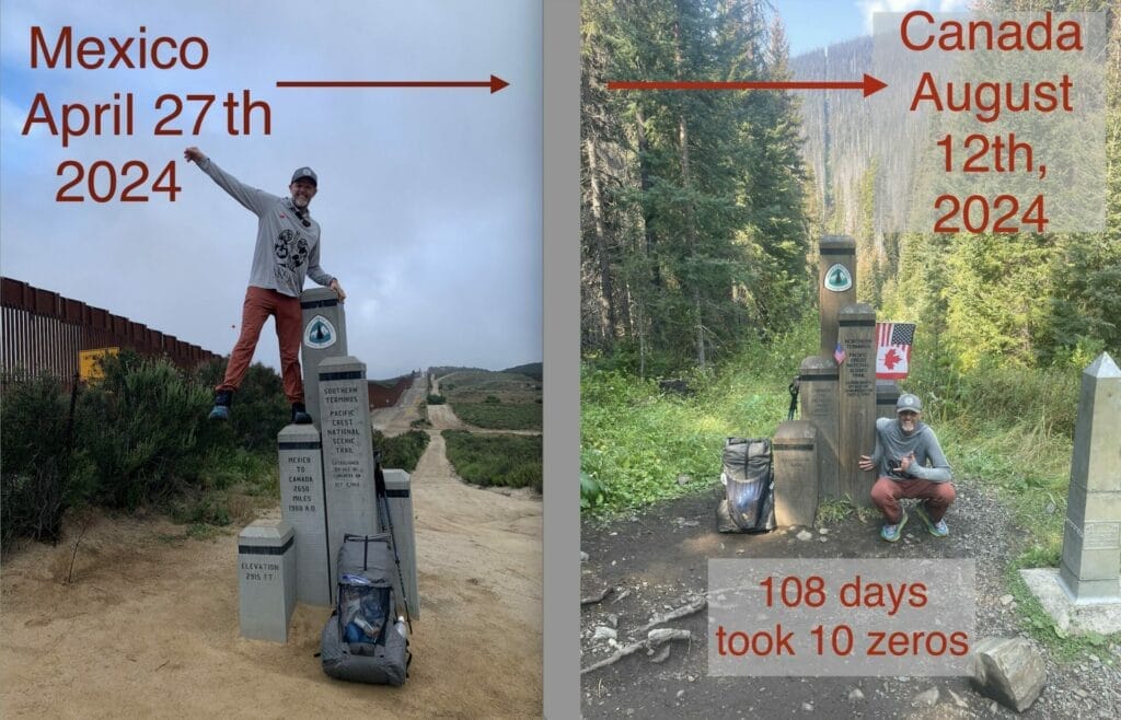 Photo compilation of Ultralight starting and finishing the PCT of photos taken at Southern and Northern Terminus of the PCT with the dates on them. Started on April 27th 2024 and completed on August 12th, 2024.