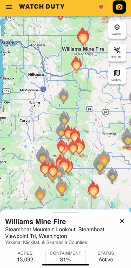 Screenshot of Watch Duty app showing where the wildfires are on the map.