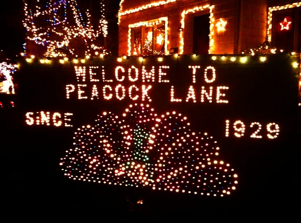Peacock Lane lid up with sign saying "Welcome to Peacock Lane, Since 1920" in Portland, Oregon.