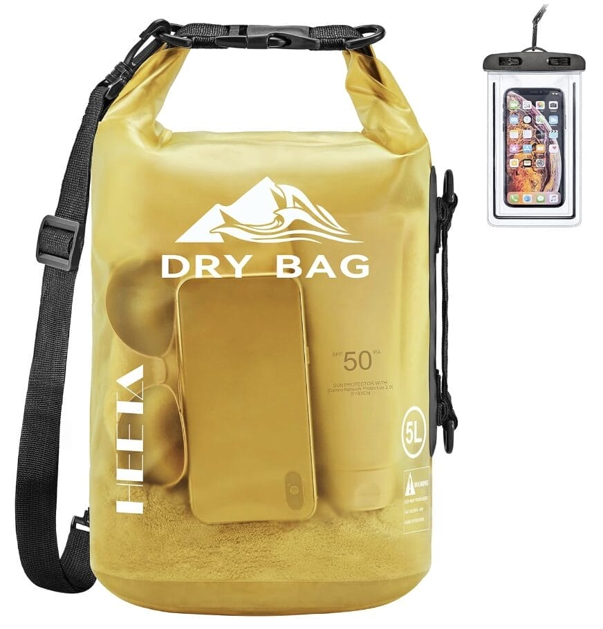 Yellow dry bag to put all your snacks, personal belongings in when on the river tubing. Bright color is easy to spot in the nature.