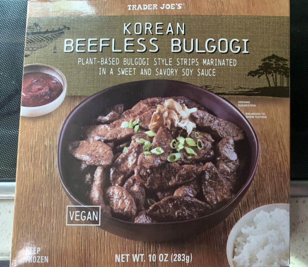 Beefless bulgogi from Trader Joe's packaging is very tempting from a vegan's perspective!