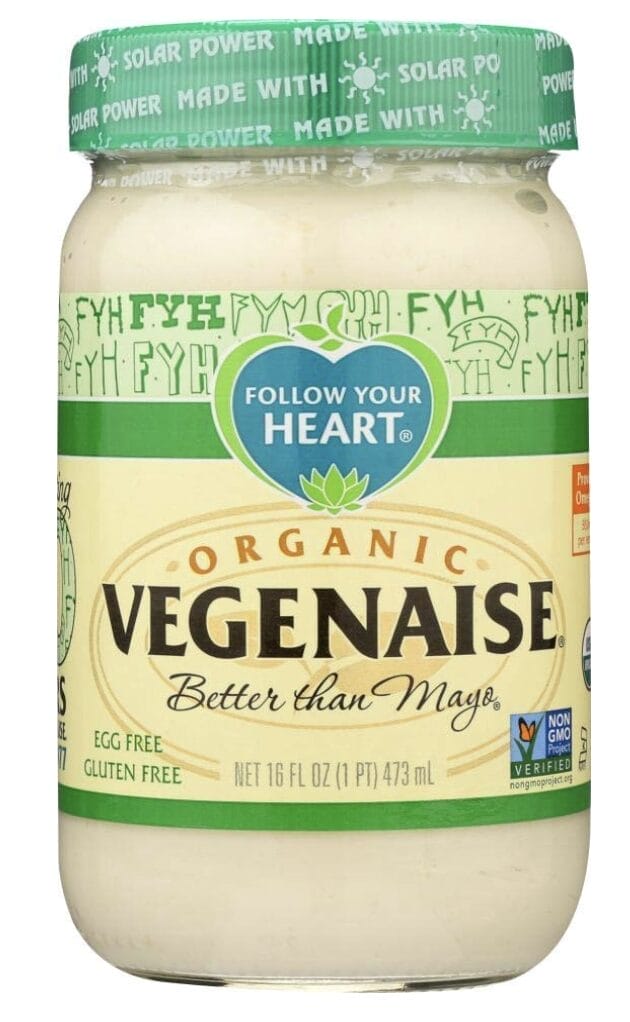 Veganaise is vegan mayo in a glass jar made by Follow Your Heart.