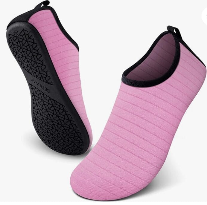 Water shoes in pink that looks very comfortable and fitted is great to enjoy water activities while protecting your feet. Bright color so if they are easy to identify out in the wilderness.