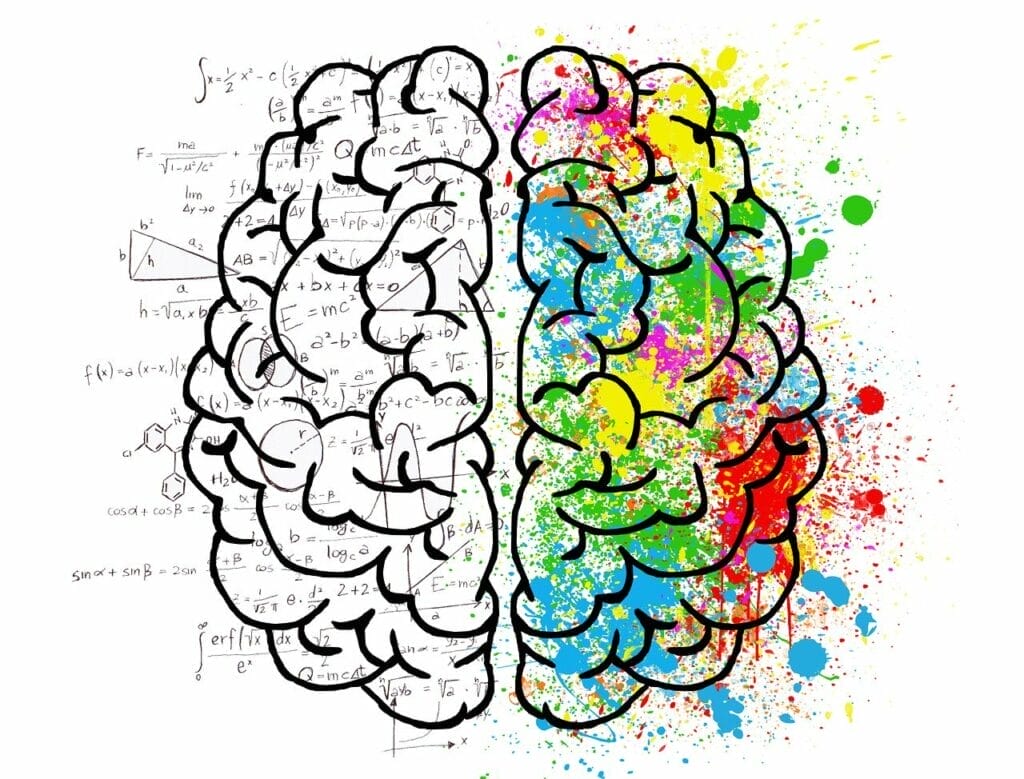 2 sides of the brain sketched, one side is black and white while the other side is with lovely colors, representing our inner voice changing from negative to positive.