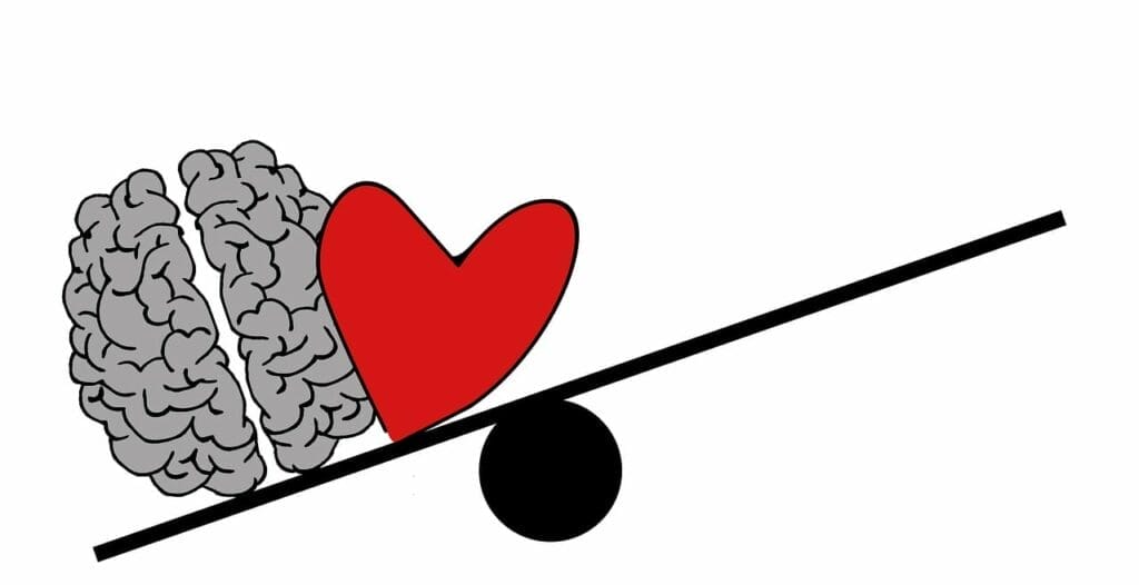 On a scale, the heart is tilted towards the brain, this represents positive inner thoughts, self-love.