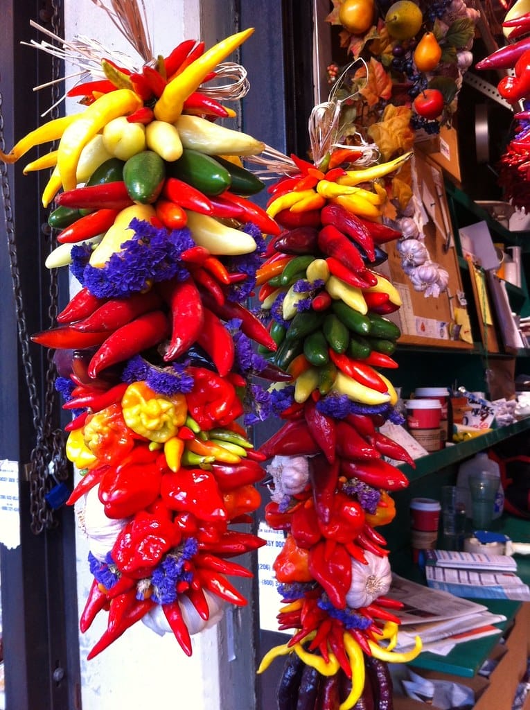 2 strands of various size and color of peppers sewn together ad hung. 