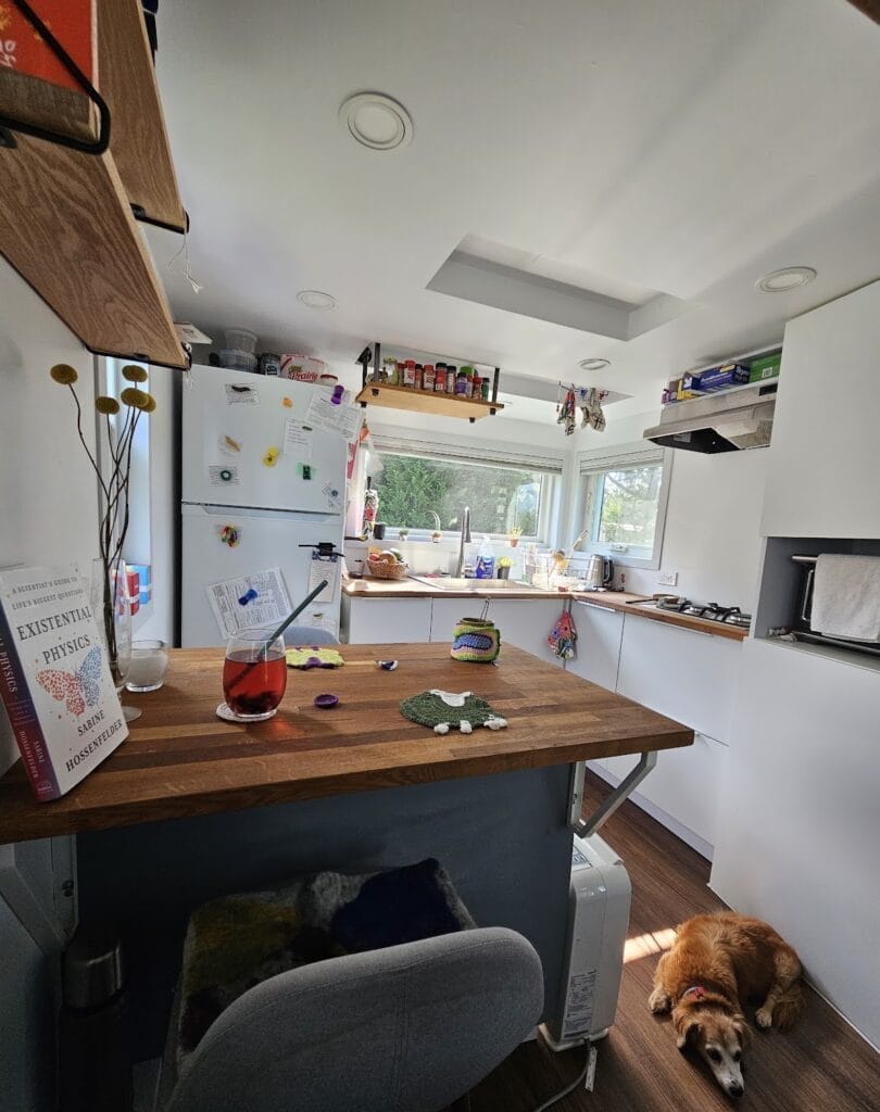 Kitchen area of the tiny house with small decorations and useful items that makes it our own.