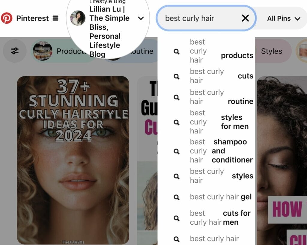 Pinterest search autocomplete on screen showing searching "Best curly hair" with multiple keyword suggestions.