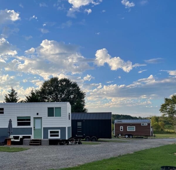 3 tiny houses in a community with grassy ground and blue sky with fluffy clouds. Pros and Cons of living in a tiny home are listed here.