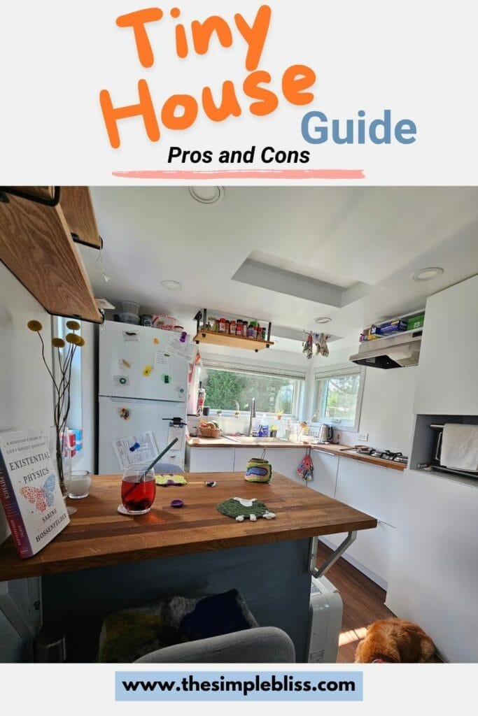 The kitchen area of a tiny house showing refrigerator, counter, windows, stove and bar/dinning counter.